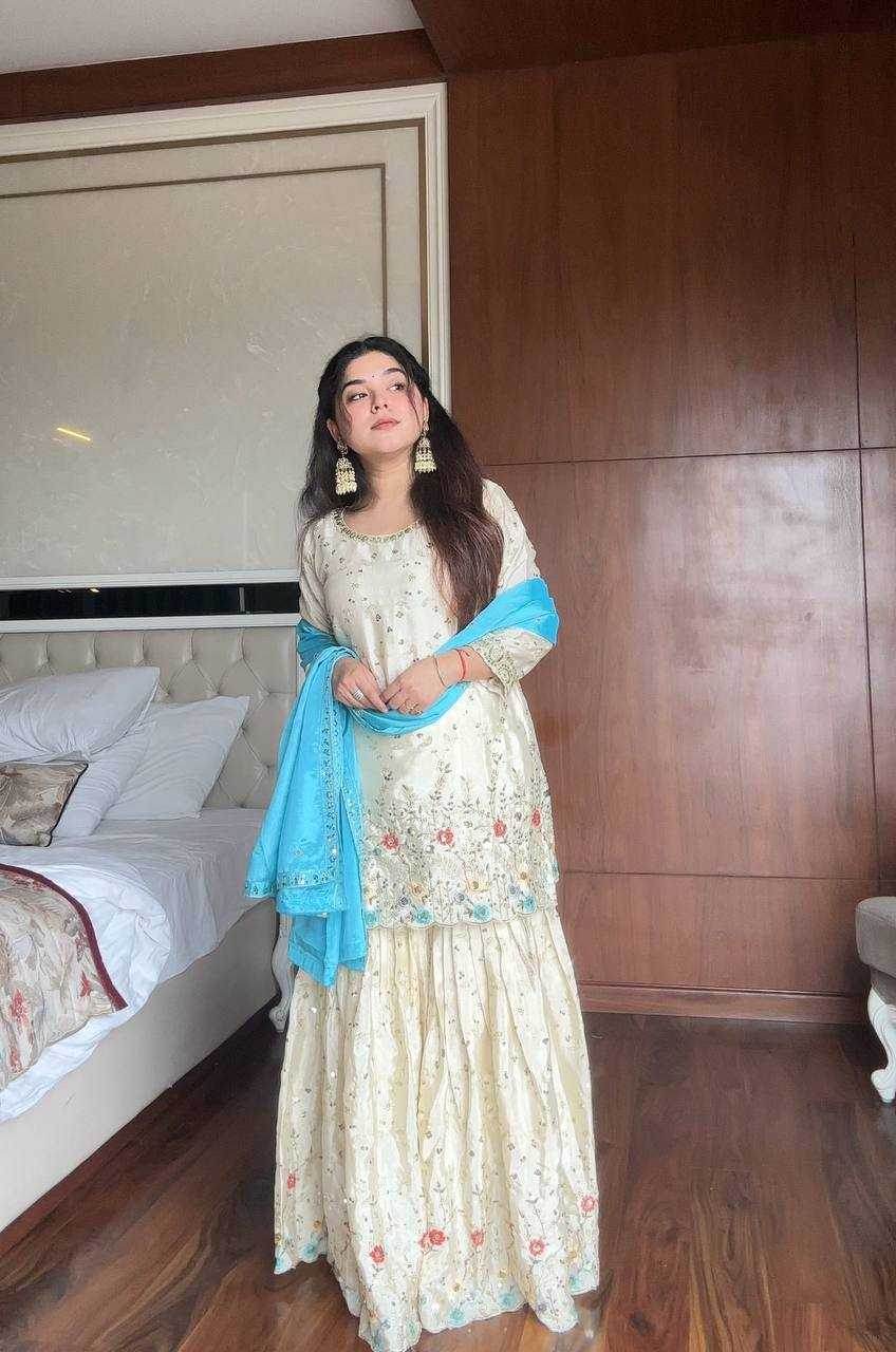 Chinon Sharara Salwar Embroidery Suits Manufacturer - MYLUXURY LANE ENTERPRISE